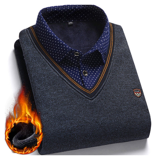 Men's Fleece Patchwork Fake Two Piece Knit Sweater